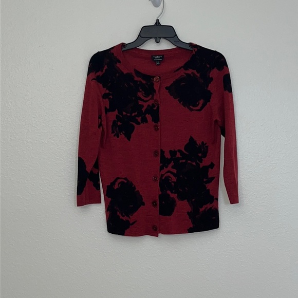 Talbots Merino Wool Red Floral Cardigan Sweater Medium - Picture 1 of 9